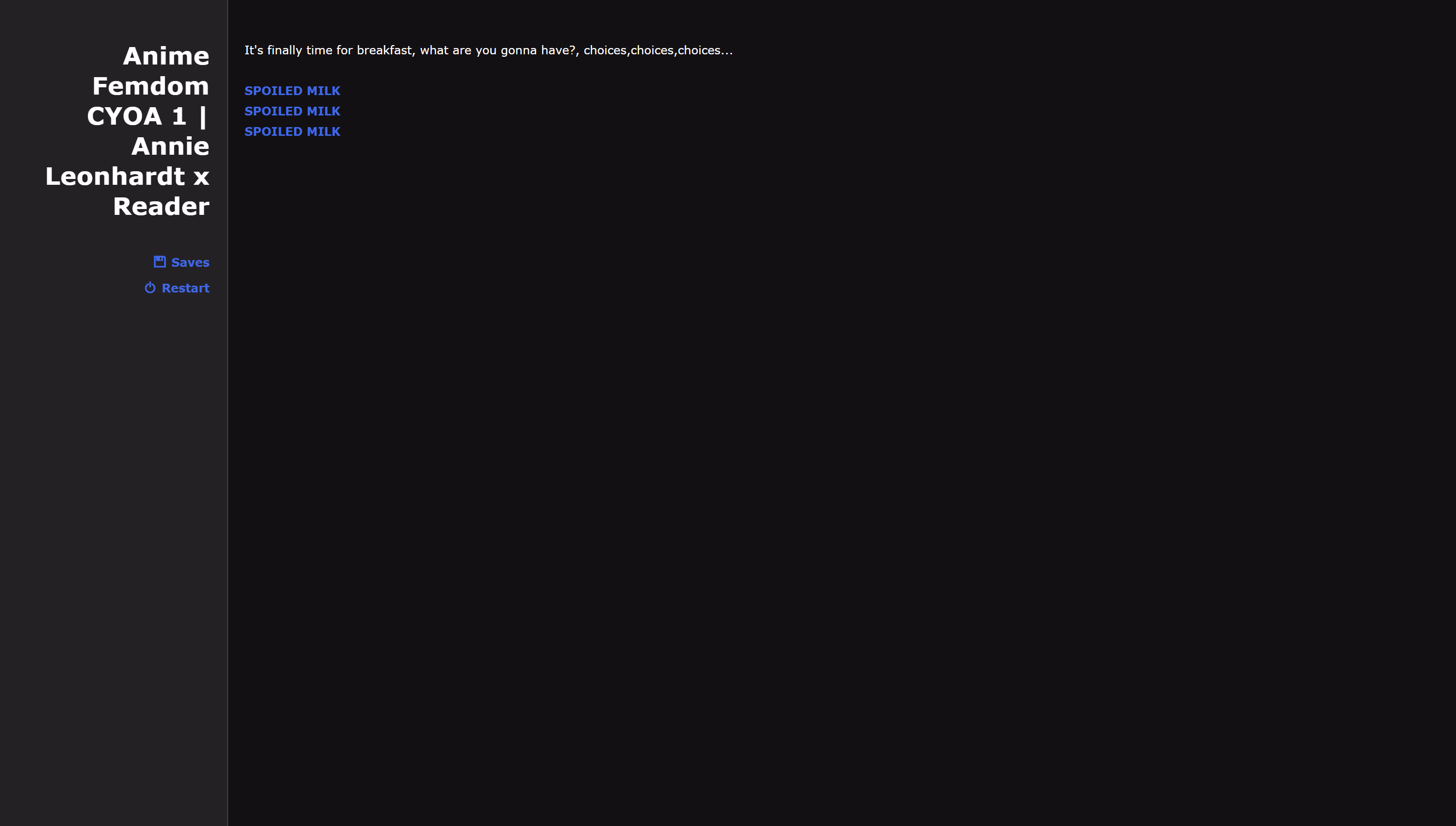 HTML Completed Anime Femdom Story 1 - Annie Leonhardt Spanks The Reader [v1.0.0] [SaltySai]